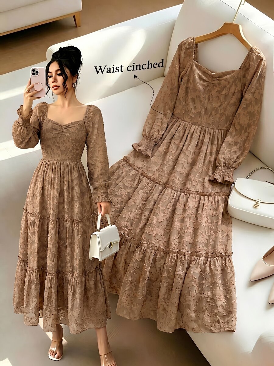 Celisse 1 buah Gaun Jacquard Leher Bentuk Hati Lengan Bergelombang dengan Hem Berkerut - MultiWarna - View 1