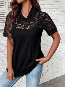 EMERY ROSE Contrast Sheer Lace Short Sleeve Drawstring Hoodie Halloween Night Out Going Out Black Floral Summer Sexy Casual Elegant - Black - View 5