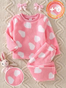 Baby Girl Allover Heart Pattern Soft Comfort Fuzzy Top & Pants Pajamas Set - Baby Pink - View 4