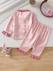 Baby Girl Embroidery Bow Contrast Binding Flare Sleeve Pajama Set - Baby Pink - View 3