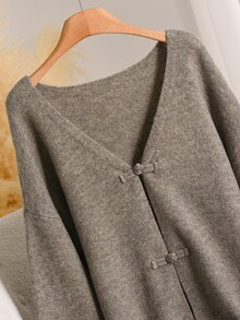 CosyJoli Plus Size Drop Shoulder Oversize Frog Button Cardigan - Khaki - View 3