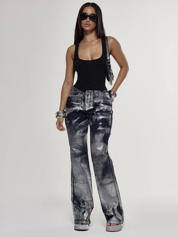 MUSERA Metallic Silver Foil Printed Low Rise Indigo Wash Fitted Flare Denim Jeans Sexy Evening Holiday Festival Unscripted