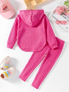 Elladie kids 女童新款玫瑰粉連帽長袖上衣與鬆緊腰休閒寬鬆軟針織長褲2件套，春/秋季 - 粉色 - 查看 2