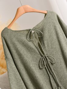 CosyJoli Women's Loose Knit Sweater With 3 Bows Hollow Out Design, Dropped Shoulder Lantern Sleeves, Autumn/Winter Top - Green - View 4
