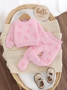 SHEIN Baby Girl Bow Pattern Raglan Sleeve Sweater & Knit Footed Pants Set - Pink - View 5