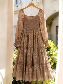 Celisse 1 buah Gaun Jacquard Leher Bentuk Hati Lengan Bergelombang dengan Hem Berkerut - MultiWarna - View 2