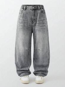SHEIN 青少年男孩貓鬍鬚水洗直筒牛仔褲 - 灰色 - 查看 4