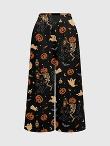 ROMWE Goth Halloween Print Wide Leg Pants - Black - View 1