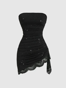 Sweetra Contrast Lace Drawstring Side Ruched Asymmetrical Hem Tube Dress - Black - View 6