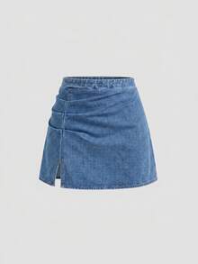 Slaydiva Plus Ruched Split Hem Denim Skirt Formal Date Night Blue Summer Casual Loose Fit - Black - View 1