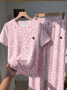 SHEIN EZwear 2件組刺繡圓領短袖上衣與條紋印花長褲，休閒風 - 淺粉色 - 查看 3
