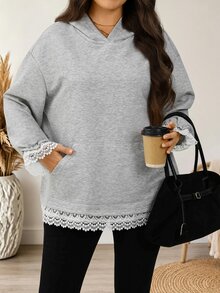 EMERY ROSE Plus Size Women's Contrast Lace Cuff Loose Casual Hooded Sweatshirt - Grey - View 1