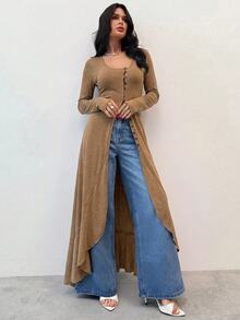 Firerie 女款休閒前開扣超長版T恤，秋季 - 卡其色 - 查看 4