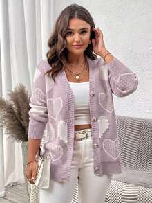 Elenzga Cardigan de talla grande con estampado de corazones y botones delanteros - Púrpura polvoriento - Ver 3