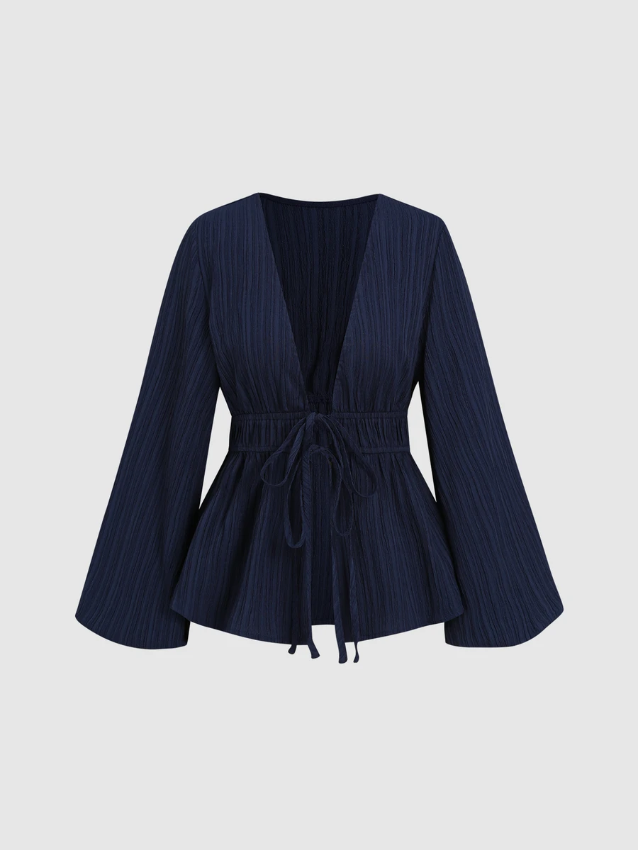 SHEIN EZwear 純色前綁帶深V領襯衫 - 藏蓝色 - 查看 1