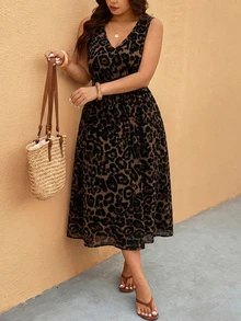 Melodosi Plus Leopard Print Drawstring Waist Dress - Multicolor - View 4