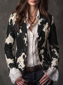Solivie Graphic Print Single Button Blazer - Black - View 1
