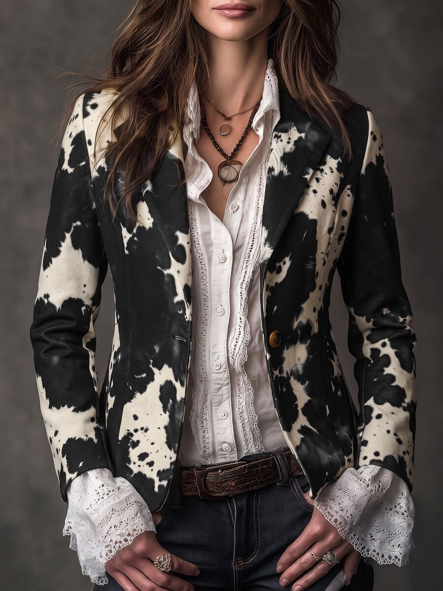 Solivie Graphic Print Single Button Blazer - Black - View 1