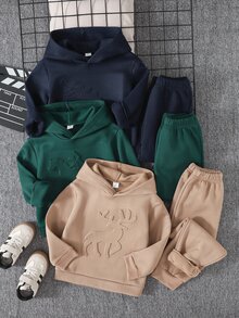 SHEIN Genkimix Kids 小男孩 3件組 純色壓紋保暖連帽衛衣＋運動長褲套裝 戒童款 秋季聖誕生日 白色 - 彩色 - 查看 9