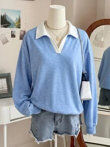 INAWLY Contrast Collar Drop Shoulder Sweatshirt - Baby Blue - View 1