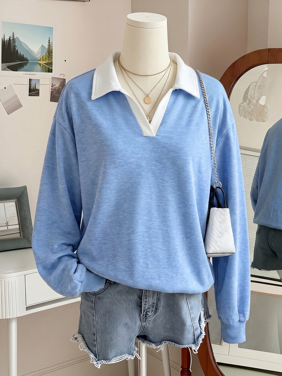 INAWLY Contrast Collar Drop Shoulder Sweatshirt - Baby Blue - View 1