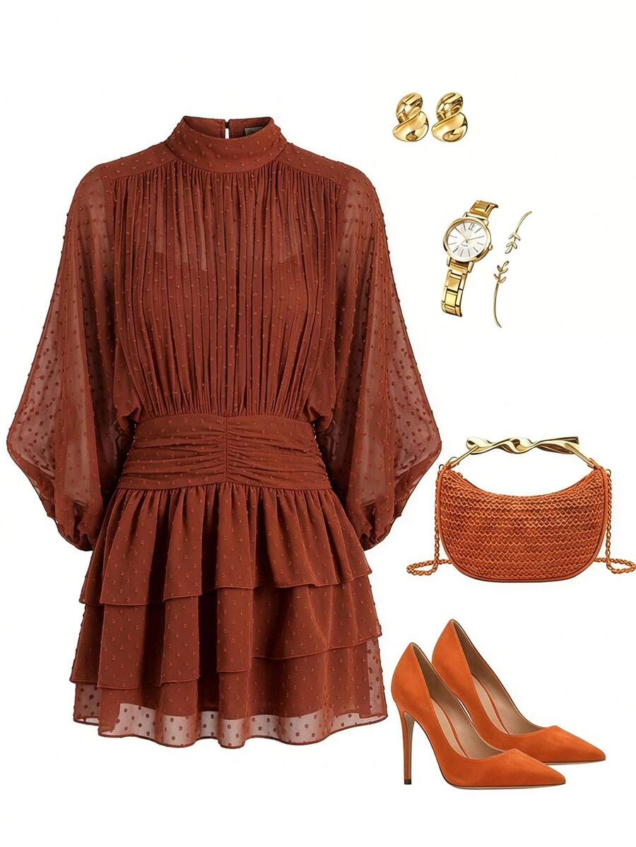 Lavishia Batwing Sleeve Ruffle Romantic Dress, Suitable For Date Occasions - Brown - View 1