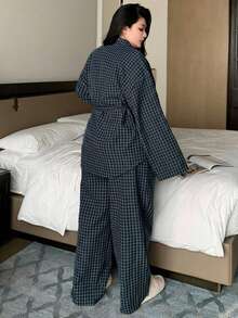 Dazy Plus Pantalón de pijama con cordón y estampado a cuadros, conjunto de ropa de dormir para casa para todas las estaciones - Azul Marino - Ver 4