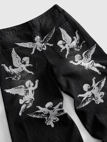 ROMWE MEN Men Angel Print Washed Wide Leg Jeans - Black - View 2