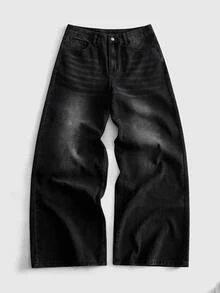 ROMWE MEN Men Angel Print Washed Wide Leg Jeans - Black - View 4