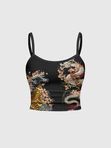 ROMWE Avant Tiger Chinese Dragon Print Cami Top & Flare Leg Pants Set - Black - View 5