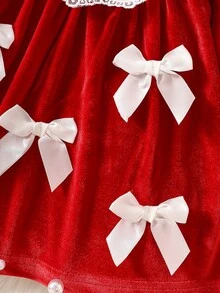 SHEIN 2件組新生女嬰天鵝絨公主洋裝，甜美紅色蕾絲領結蝴蝶結荷葉邊長袖圓領 A 字版毛絨冬秋聖誕派對裙 - 紅色 - 查看 7