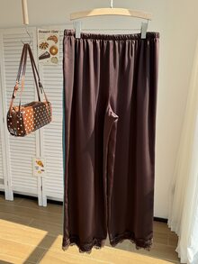 Comfortcana Plus Striped Contrast Lace Drawstring Waist Pants Fall - Brown - View 2