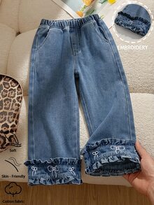 SHEIN Young Girls Elastic Waist Bow Embroidered Ruffle Hem Wide Leg Denim Jeans For Fall Winter Daily Casual Wear - Blue - View 1