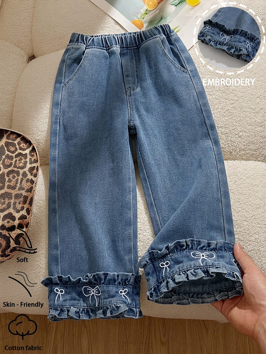 SHEIN Young Girls Elastic Waist Bow Embroidered Ruffle Hem Wide Leg Denim Jeans For Fall Winter Daily Casual Wear - Blue - View 1
