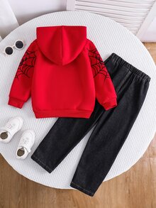 SHEIN 小男孩蜘蛛網印花連帽衛衣與貓抓牛仔褲 - 彩色 - 查看 2