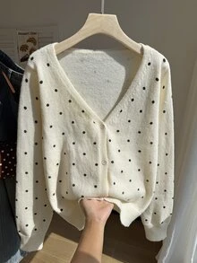 Comfortcana Plus Size Autumn Casual Polka Dot Print Cardigan - Black and White - View 9