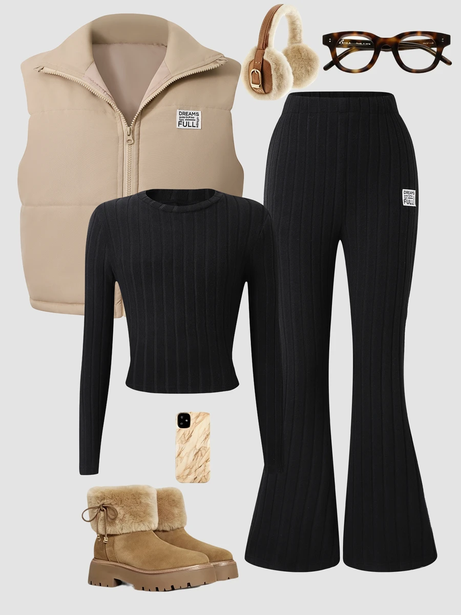SHEIN Tween Girls Puffer Vest Ribbed Knit Top Flare Pants Outfits Sets Fall Letter Patch Padded Gilet Sweaters Tracksuit Athletic Black Jogging Beige School - Black - View 1