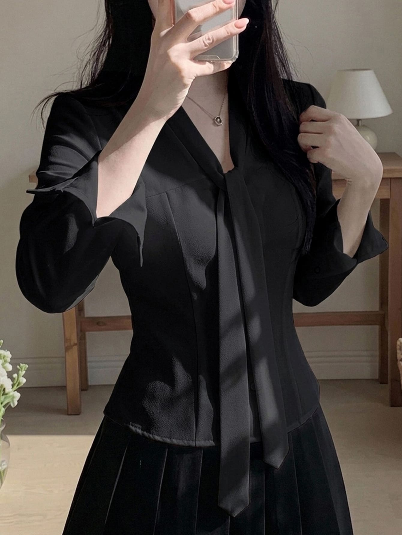 DAZY Solid Tie Neck Blouse - Black - View 1