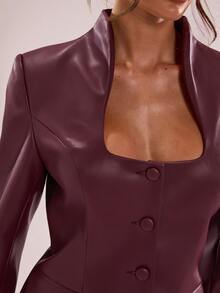 SHEIN BAE Blazer Kulit PU dengan Bantalan Bahu, Natal, Acara Sosial, - Burgundy - View 7