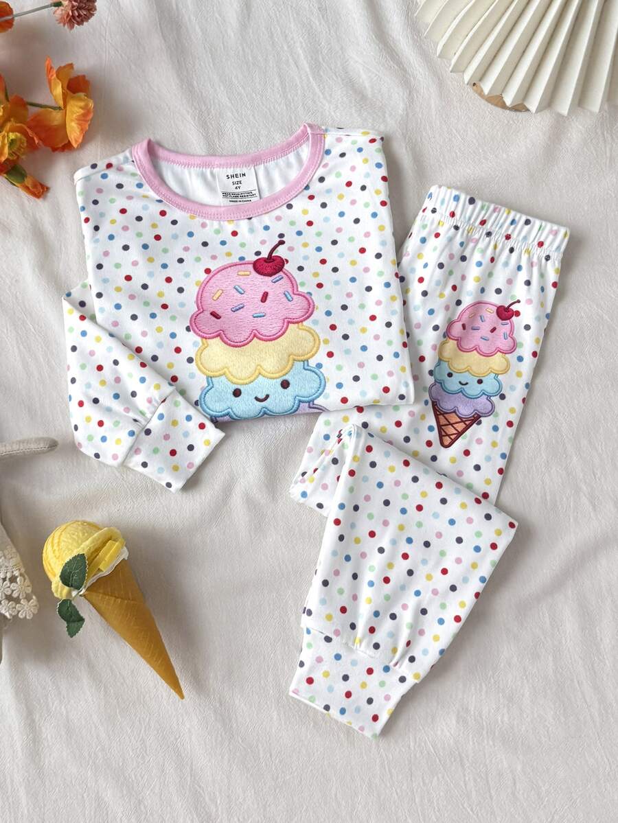 SHEIN 女童波點印花刺繡冰淇淋圖案上衣與長褲睡衣套裝 - 白色 - 查看 1