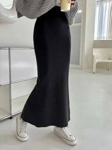 Dazy Tall Solid Mermaid Hem Knit Skirt Fall - Black - View 10