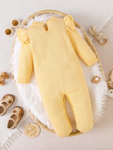 SHEIN Baby Girl Floral Pattern Ruffle Trim Knit Autumn Jumpsuit With Headband - Yellow - View 2