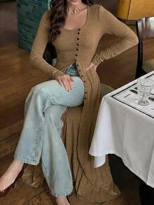 Firerie 女款休閒前開扣超長版T恤，秋季 - 卡其色 - 查看 10