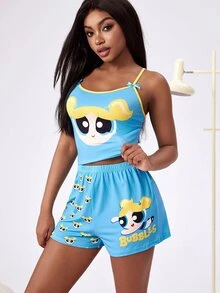 THE POWERPUFF GIRLS X SHEIN Women's Bow Decor Camisole Top And Cartoon Print Shorts Pajama Set - Blue - View 1