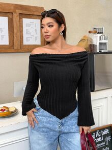 Muchica Plus Size Women's Solid Color Off-Shoulder Long Sleeve Ribbed Asymmetrical Hem T-Shirt Fall - Black - View 3