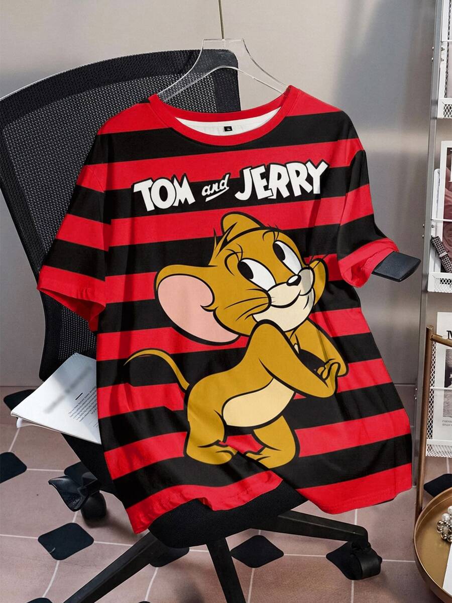 TOM & JERRY X SHEIN 大尺碼條紋卡通與標語圖案印花T恤 - 白色 - 查看 1