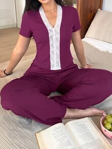 SweetSlumber V-Neck Contrast Lace Short Sleeve Top & Pants Pajama Set - Violet Purple - View 5