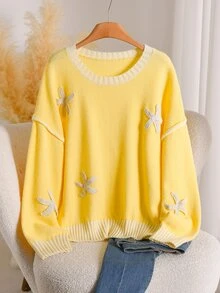 CosyJoli Plus Size Starfish Patched Colorblock Drop Shoulder Oversize Sweater - Yellow - View 4