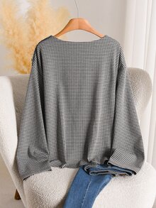 CosyJoli Plus Houndstooth Print Drop Shoulder Tee Casual T-Shirt For Women Fall/Winter Casual Daily Going Out Office Business Work T-Shirt For Women Homecoming - Black and White - View 3