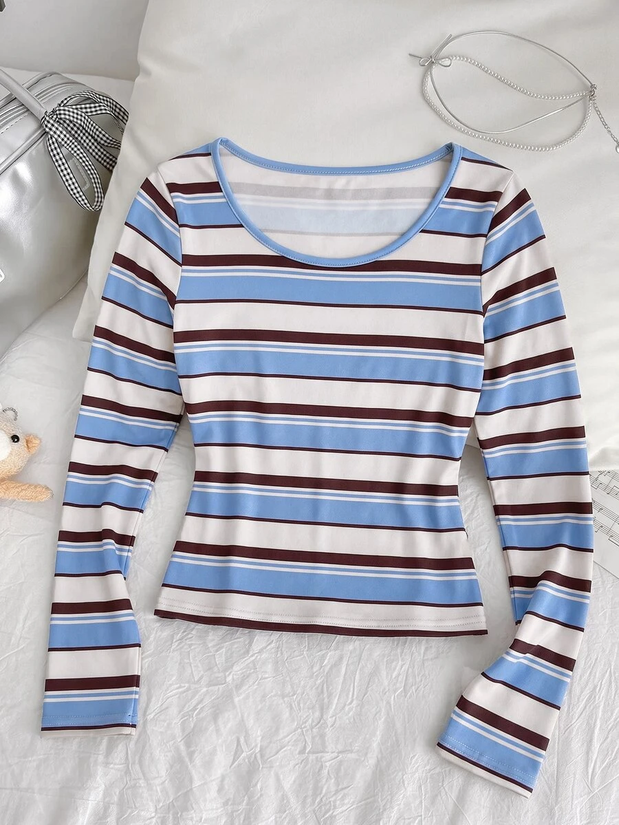 Tween Girl Striped Print Long Sleeve Tee - Multicolor - View 1